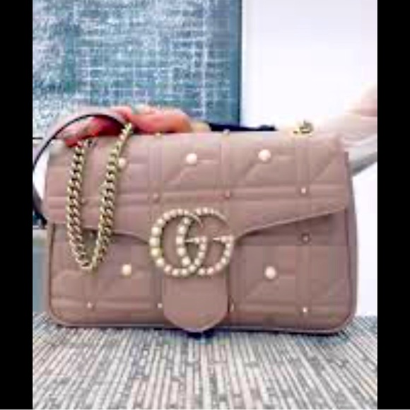 Gucci Pearly GG Marmont Flap Bag Embellished Matelasse Leather Small - Picture 6 of 14